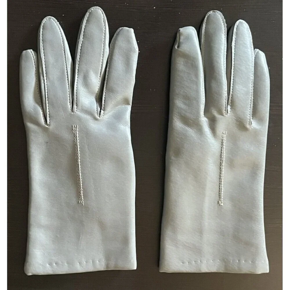 VIntage Light Gray Faux Vegan Leather Soft Cotton Lined Gloves